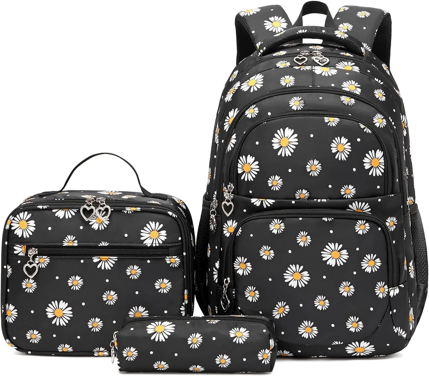 goldwheat Daisy Printed Backpacks With Lunch Pack Pencil Case 3pcs, Lightweight Water Resistant Bookbag For Middle School