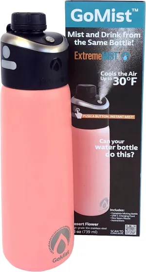 GoMist Misting & Drinking Bottle | Rechargeable Mist & Sip Water Bottle | Quick Charge USB-C Port | 2-Speed Mist Function | Stainless-Steel Double Wall Insulation (Desert Flower)