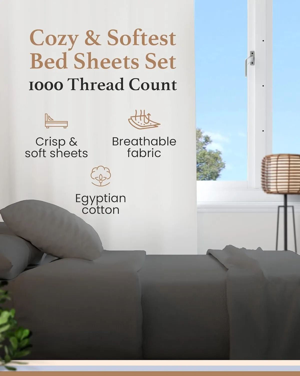 Good Sleep Bedding 100% Egyptian Cotton Queen Sheets - 1000 TC Bedsheets Queen Size Bed, 4 Pc, Queen Bed Sheet Set, Luxury Sateen Weave, 16" Deep Pocket Queen Sheet Set - Dark Grey Sheets Queen Size