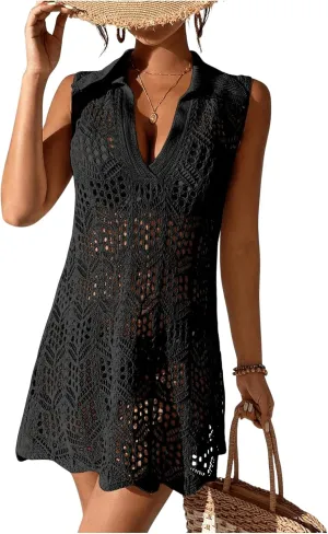 GORGLITTER Women's Crochet Swimsuit Coverup Hollow Out Sleeveless Bikini Cover Up Dress Split Hem Beach Dress 2025