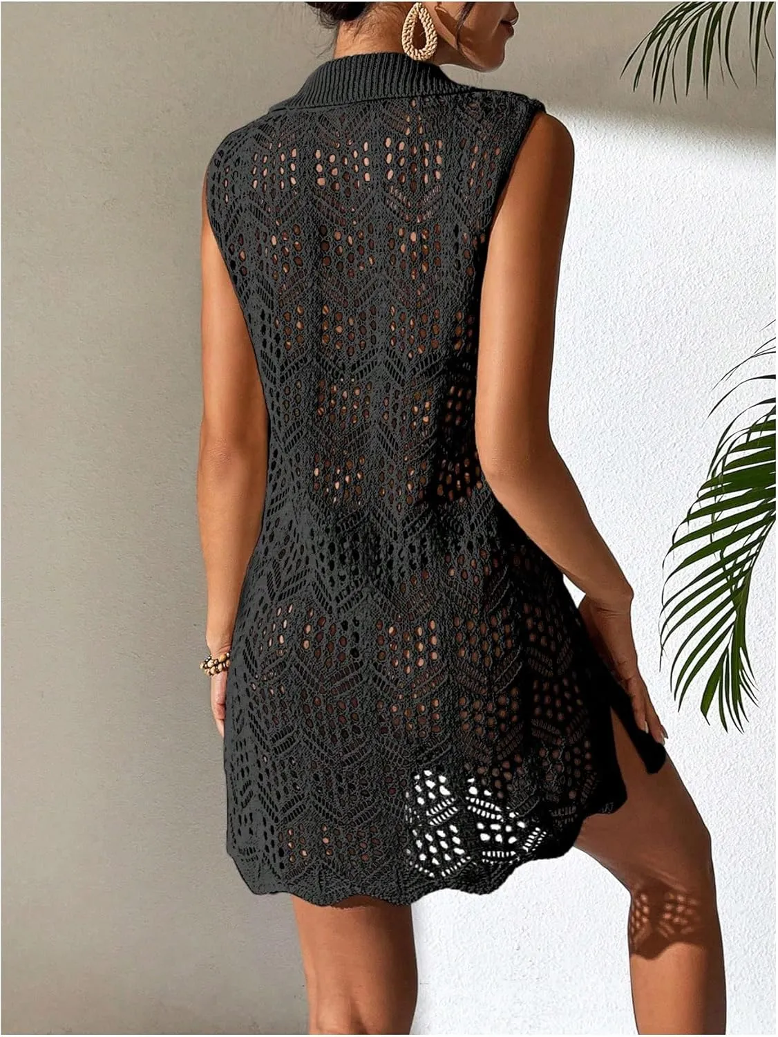 GORGLITTER Women's Crochet Swimsuit Coverup Hollow Out Sleeveless Bikini Cover Up Dress Split Hem Beach Dress 2025