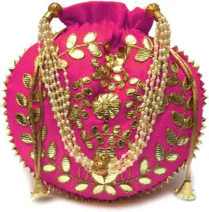 Gotta Patti Potli Bag-Jewelry Pouch Gift Bag Coin Purse Handmade Embroidered Gotta Patti Work Elegant Traditional Indian Clutch for Weddings Ethnic Wear Party Gift Bag (H*L:9 * 9.5 Inch)