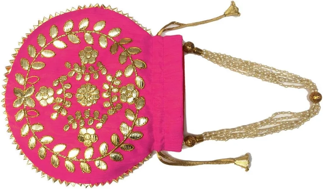 Gotta Patti Potli Bag-Jewelry Pouch Gift Bag Coin Purse Handmade Embroidered Gotta Patti Work Elegant Traditional Indian Clutch for Weddings Ethnic Wear Party Gift Bag (H*L:9 * 9.5 Inch)