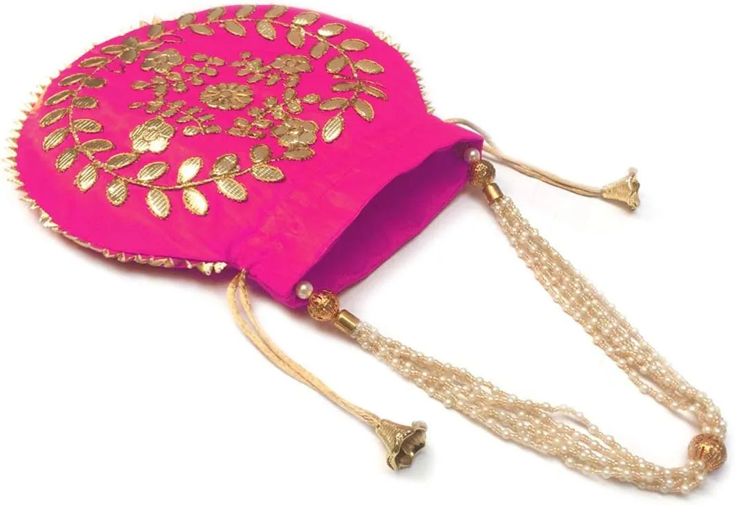 Gotta Patti Potli Bag-Jewelry Pouch Gift Bag Coin Purse Handmade Embroidered Gotta Patti Work Elegant Traditional Indian Clutch for Weddings Ethnic Wear Party Gift Bag (H*L:9 * 9.5 Inch)