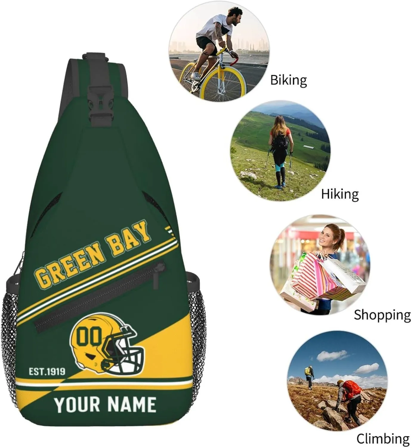 Green Bay Sling Bag,Personalized Football Crossbody Bags,Custom Cross Chest Bag,Sling Shoulder Backpack,Chest Bag Travel Daypack for Men Women Football Fans