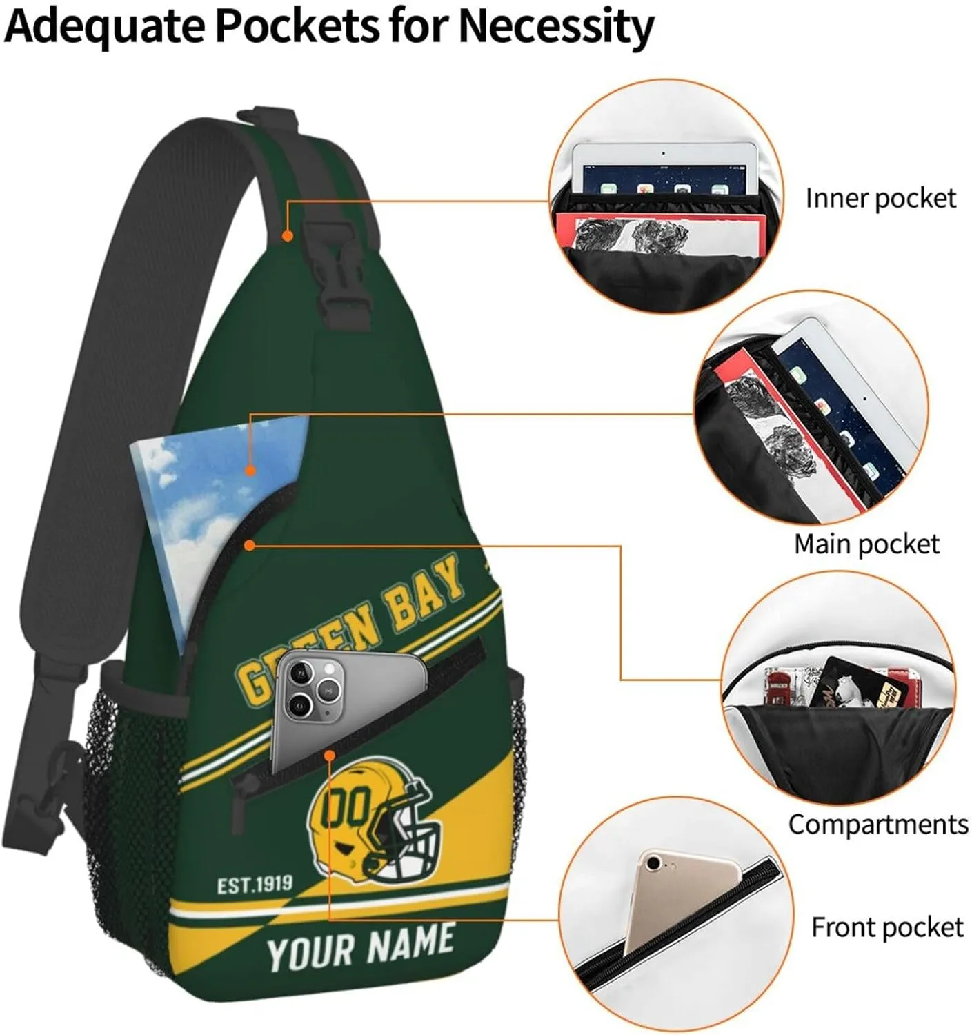 Green Bay Sling Bag,Personalized Football Crossbody Bags,Custom Cross Chest Bag,Sling Shoulder Backpack,Chest Bag Travel Daypack for Men Women Football Fans
