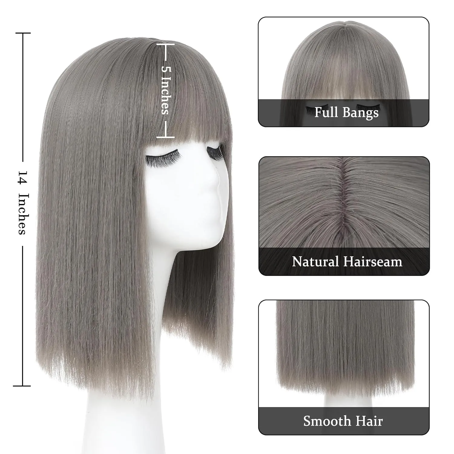 Grey Bob Wig With Bangs - Heat Resistant 14Inch Synthetic Hair, Short Straight Shoulder Length Natural-Looking Cosplay Wig for Daily Use, Parties & Women Girls