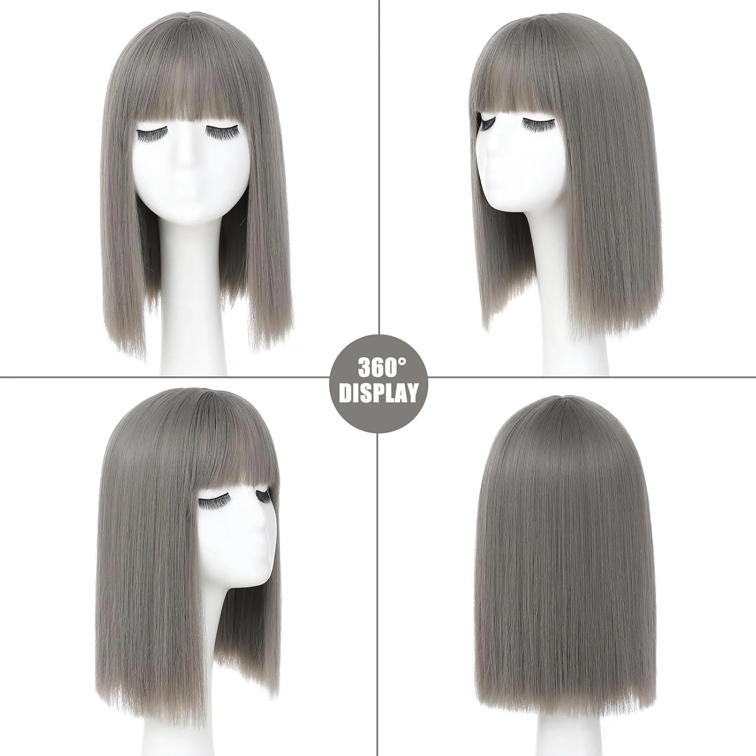 Grey Bob Wig With Bangs - Heat Resistant 14Inch Synthetic Hair, Short Straight Shoulder Length Natural-Looking Cosplay Wig for Daily Use, Parties & Women Girls