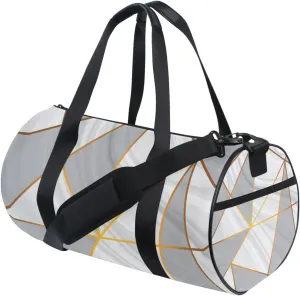 Grey White Marble Texture with Golden Metallic Triangles Gold Lines Portable Gym Bag, Travel Bag, Luggage bag, Sports Bag, Toiletry Bag with Handles, Detachable Shoulder Strap 17.6 x 9 x 9 inch