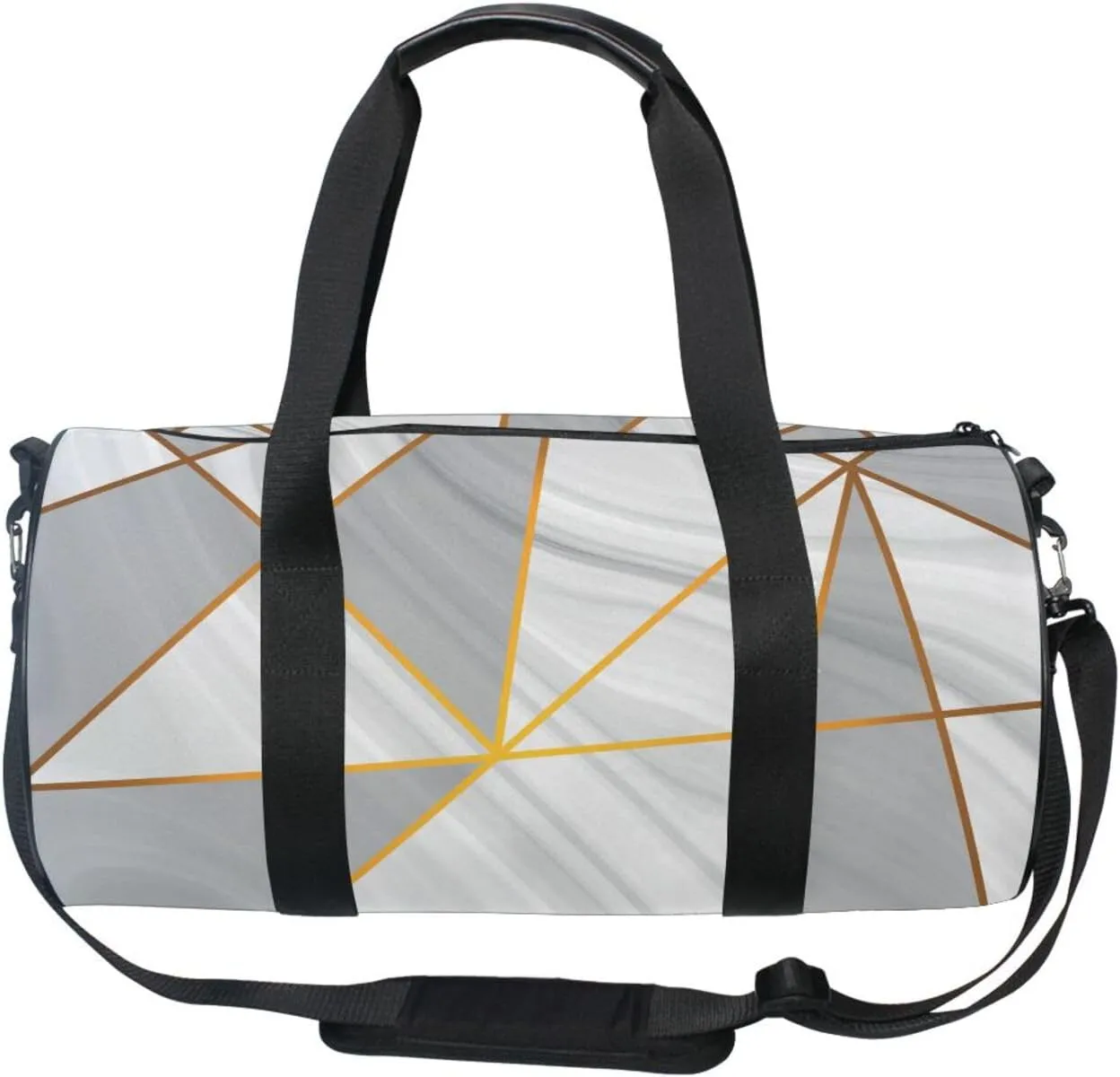 Grey White Marble Texture with Golden Metallic Triangles Gold Lines Portable Gym Bag, Travel Bag, Luggage bag, Sports Bag, Toiletry Bag with Handles, Detachable Shoulder Strap 17.6 x 9 x 9 inch