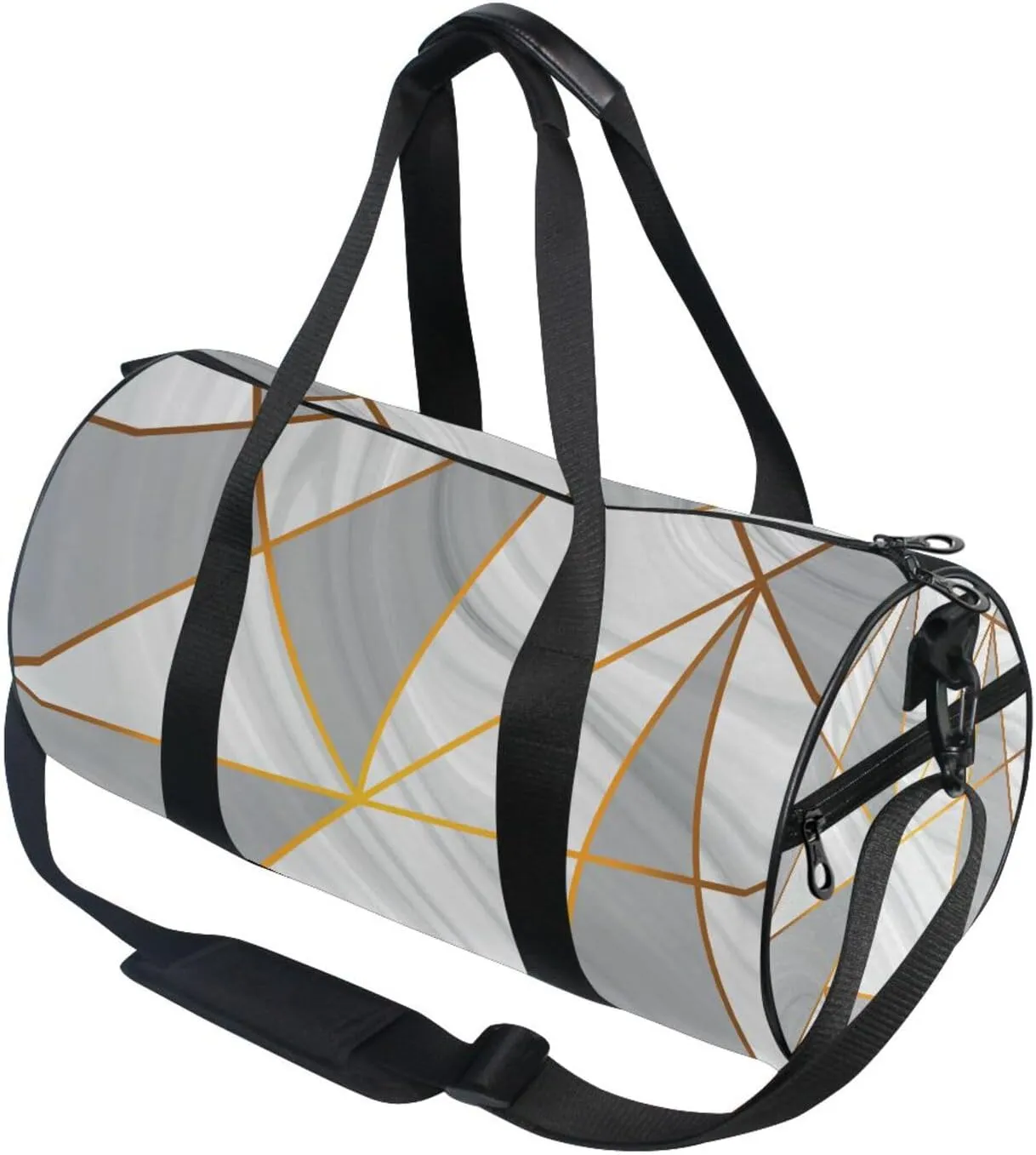 Grey White Marble Texture with Golden Metallic Triangles Gold Lines Portable Gym Bag, Travel Bag, Luggage bag, Sports Bag, Toiletry Bag with Handles, Detachable Shoulder Strap 17.6 x 9 x 9 inch