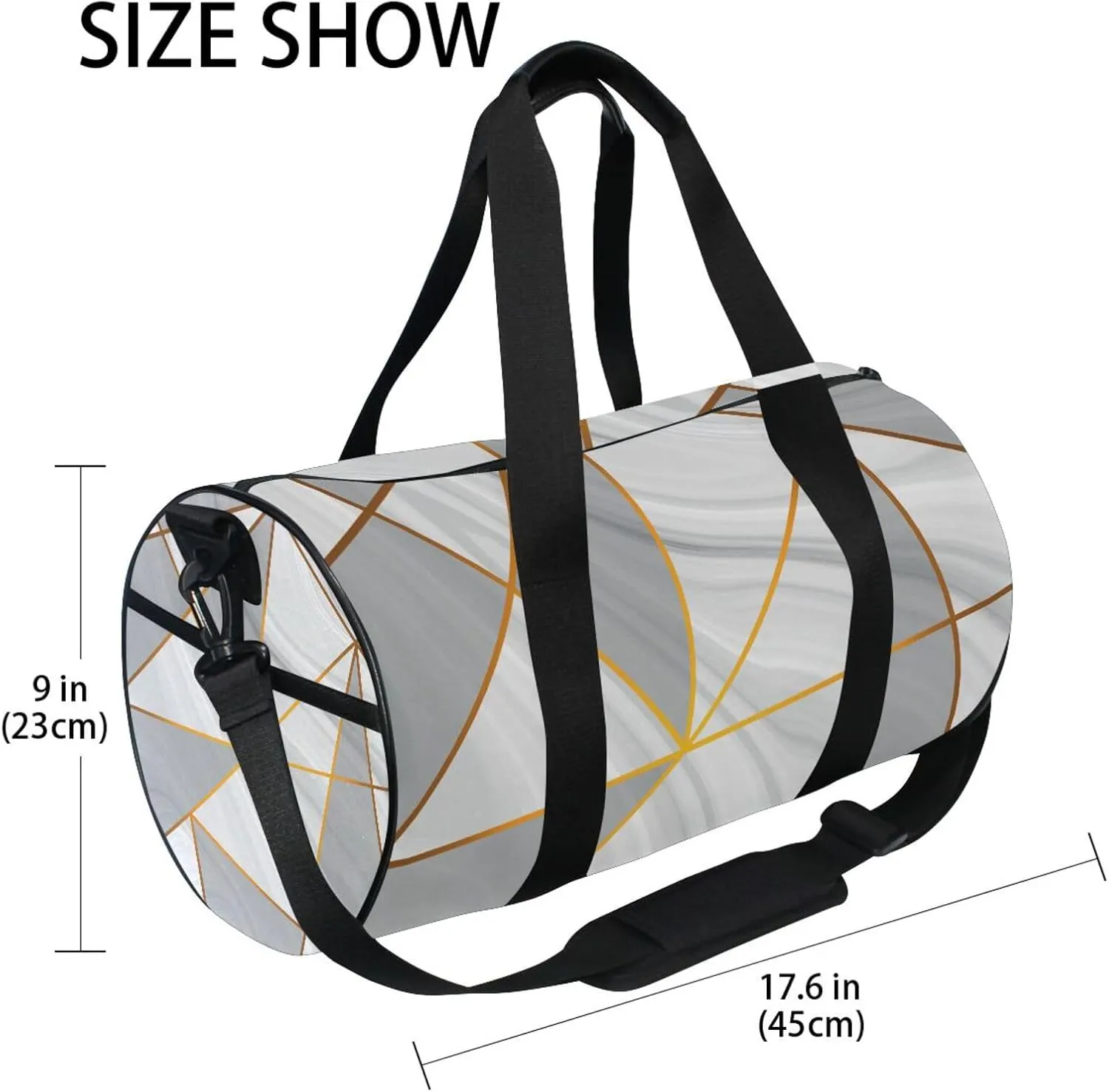 Grey White Marble Texture with Golden Metallic Triangles Gold Lines Portable Gym Bag, Travel Bag, Luggage bag, Sports Bag, Toiletry Bag with Handles, Detachable Shoulder Strap 17.6 x 9 x 9 inch