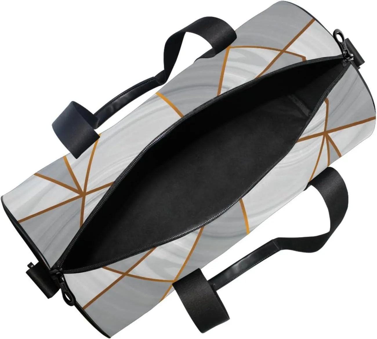 Grey White Marble Texture with Golden Metallic Triangles Gold Lines Portable Gym Bag, Travel Bag, Luggage bag, Sports Bag, Toiletry Bag with Handles, Detachable Shoulder Strap 17.6 x 9 x 9 inch