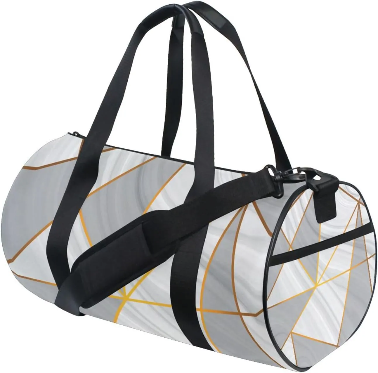 Grey White Marble Texture with Golden Metallic Triangles Gold Lines Portable Gym Bag, Travel Bag, Luggage bag, Sports Bag, Toiletry Bag with Handles, Detachable Shoulder Strap 17.6 x 9 x 9 inch