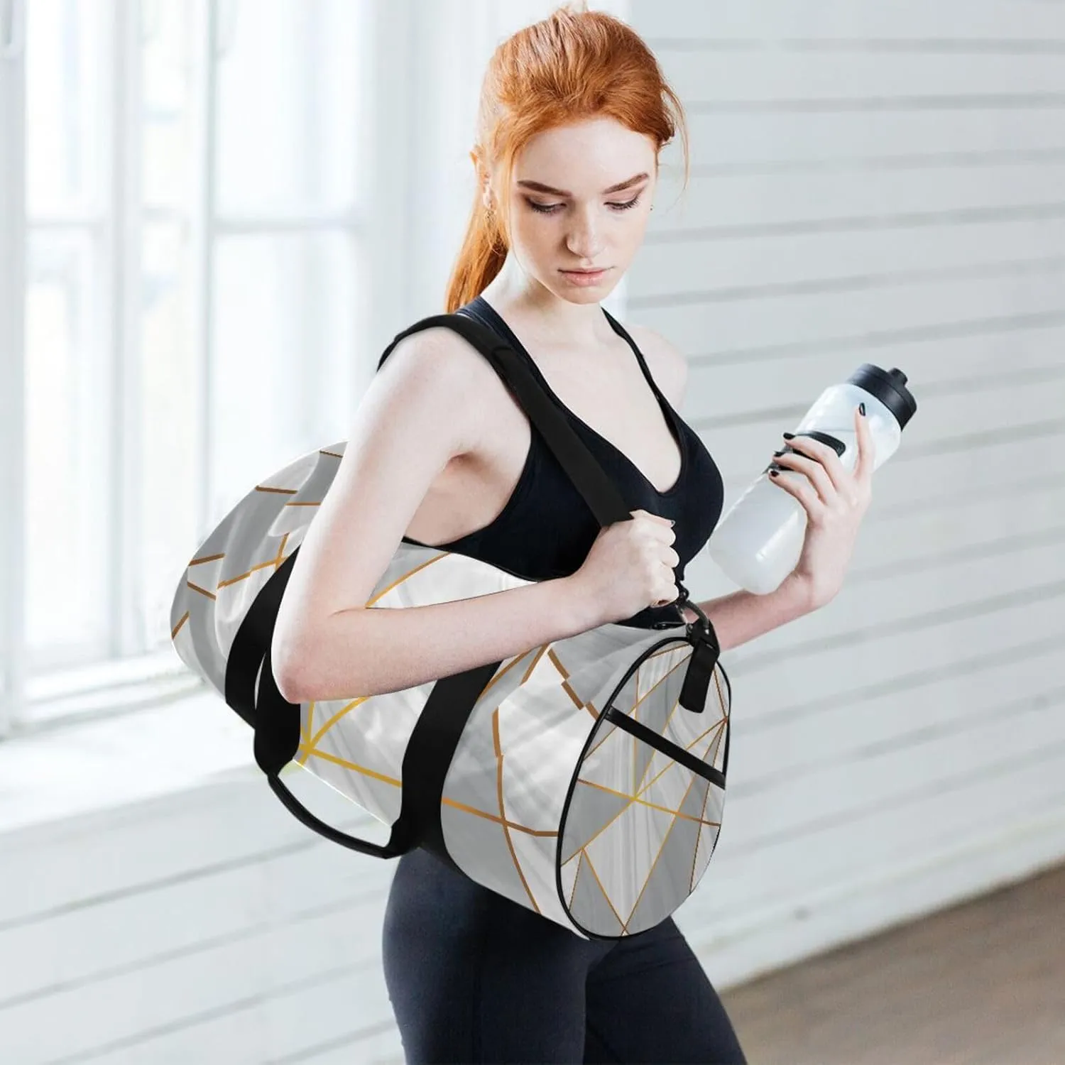 Grey White Marble Texture with Golden Metallic Triangles Gold Lines Portable Gym Bag, Travel Bag, Luggage bag, Sports Bag, Toiletry Bag with Handles, Detachable Shoulder Strap 17.6 x 9 x 9 inch