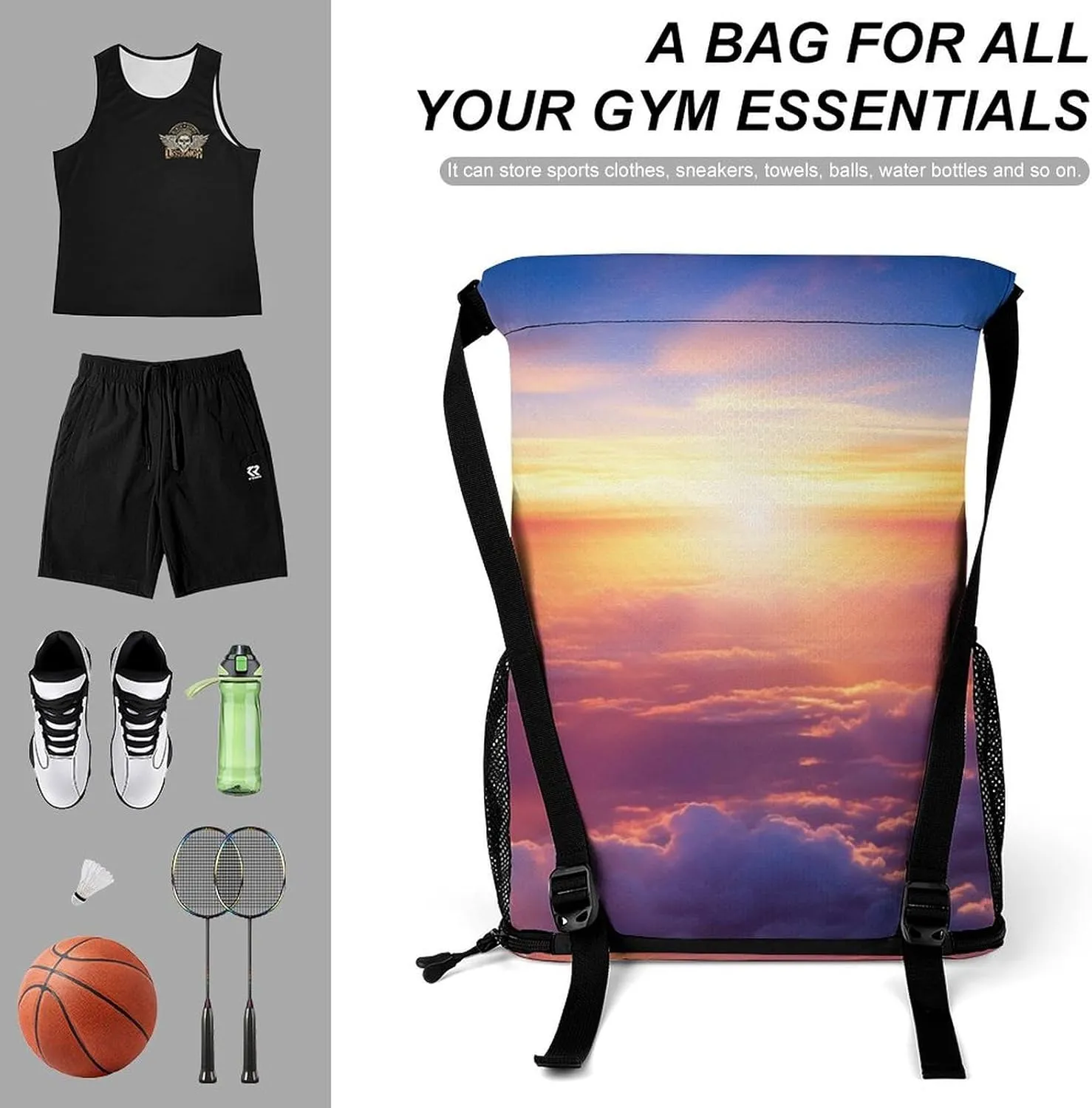 Gym Bag for Women Men Beautiful Sunrise Over CloudsTravel Duffel Bag Large Capacity Sports Drawstring Backpack, 45.5x41.5x36cm, Style-3, JJ0529240