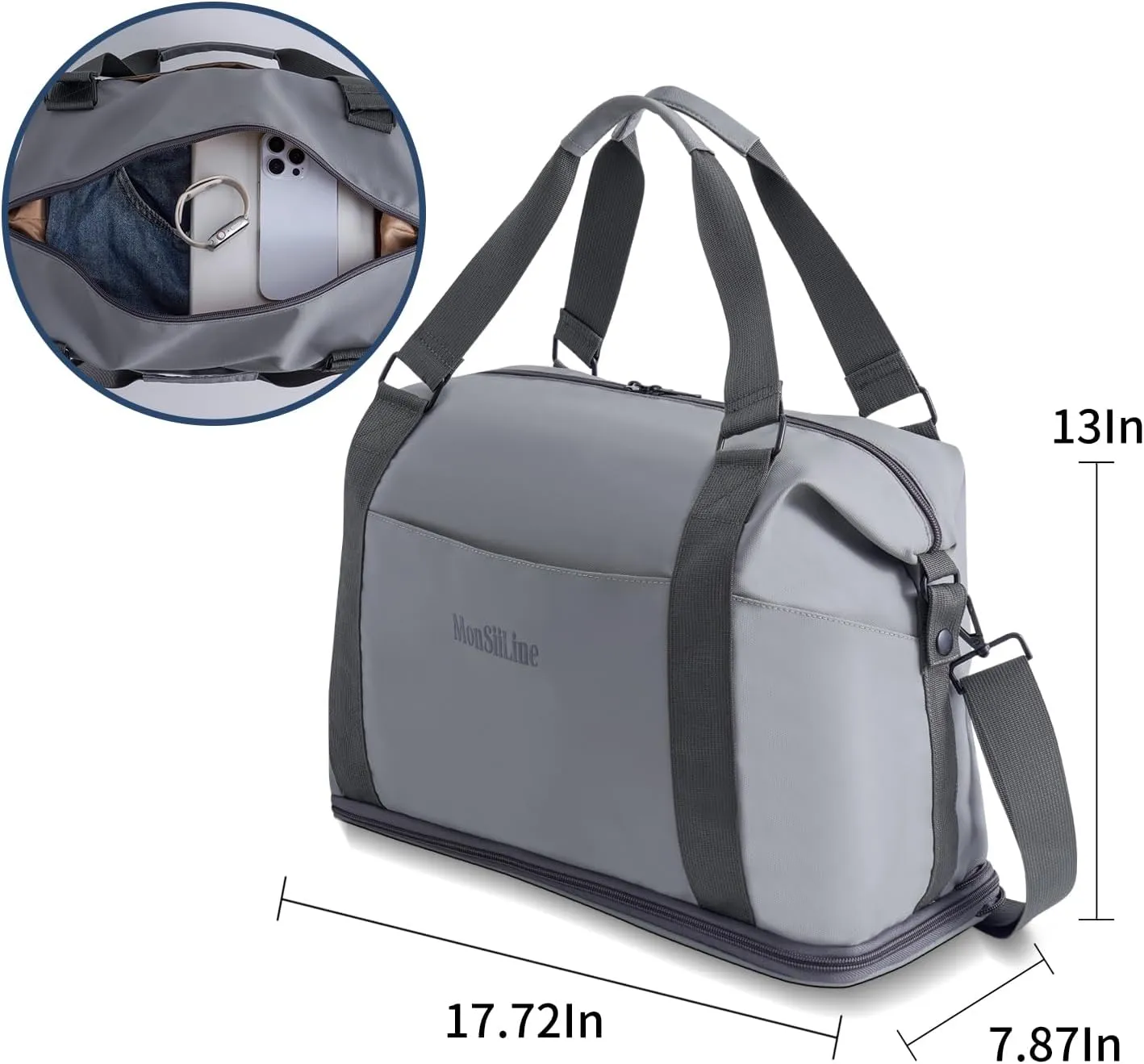 Gym Bag for Women Men with Shoe Compartment Wet Pocket Waterproof Durable Travel Duffel Bag for Sports Gym Swimming Yoga Flight Weekend Overnight Carry on Tote Bag (Gray)