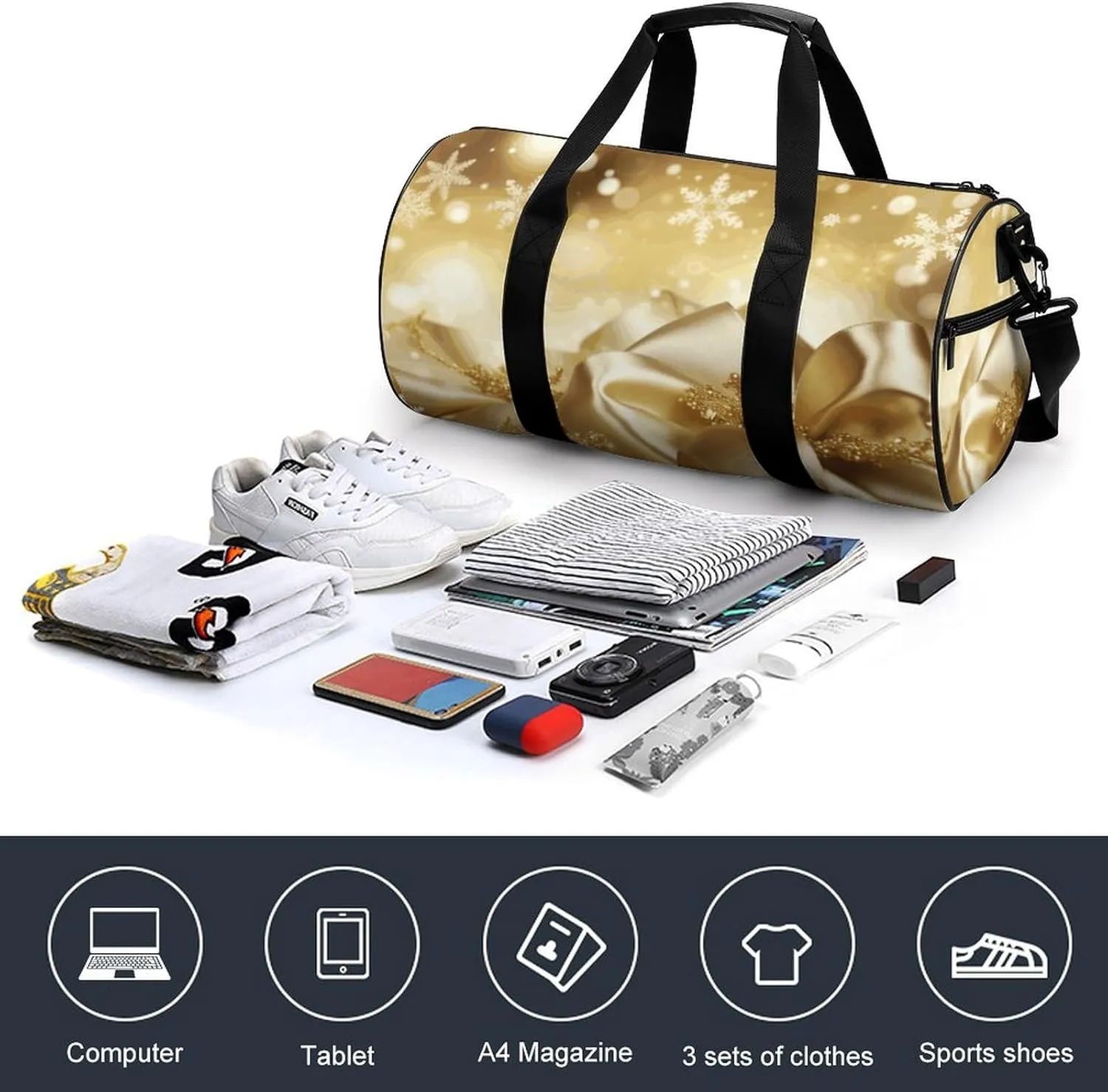 Gym Bags Small Gold Silk Christmas Duffel Bag Overnight Bag with Shoe Compartment Carryon Bag for Men Women