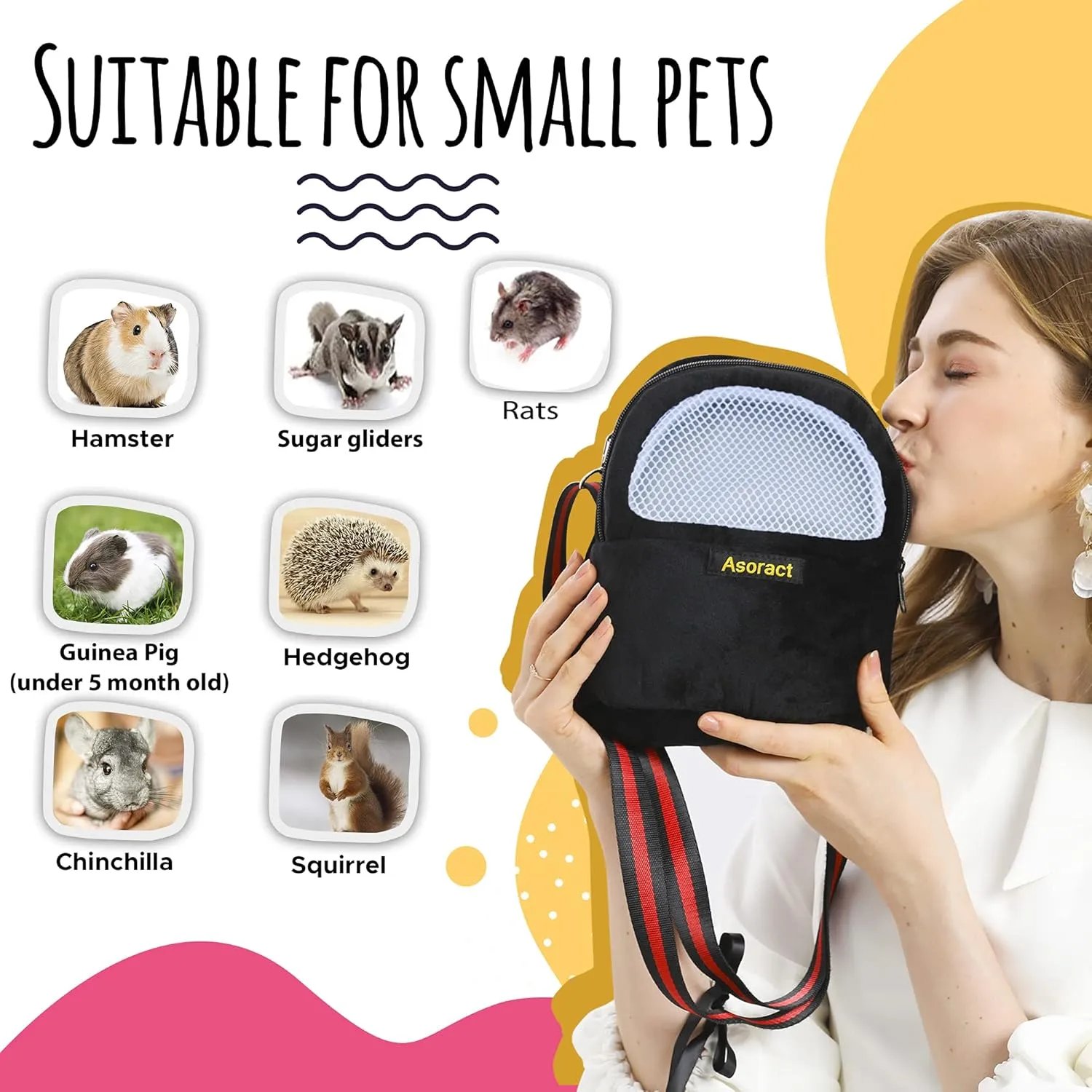 Hamster Carrier Bag, Upgraded Small Animal Bonding Soft Hedgehog Pouch Portable Outgoing Travel Bag with Adjustable Strap and Breathable Mesh for Squirrel Mice Sugar Glider Etc (Black, L)