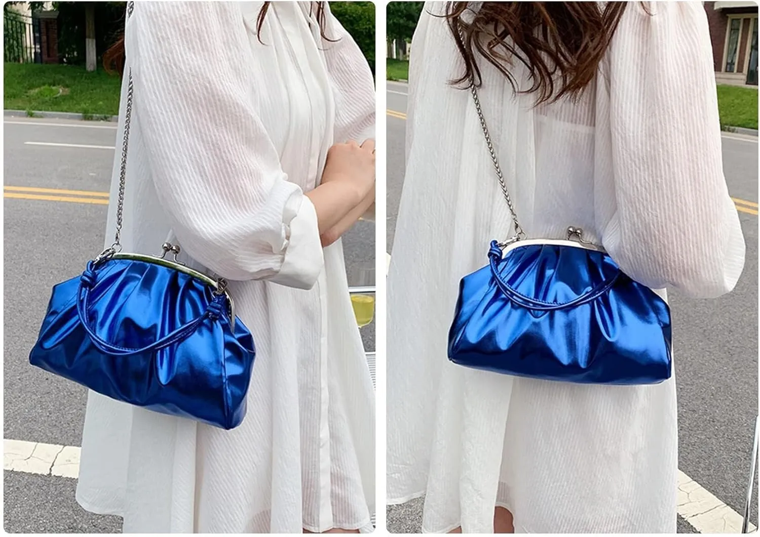 Handbags Shiny Patent Leather Evening Bag Pleated Clutch Purses Top Handle Satchel with Detachable Chain Well made