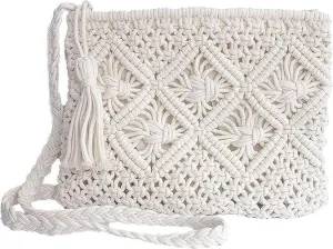 Handmade Macrame Bag - Boho-Chic Cotton Crossbody Tote with Tassels, Eco-Friendly, Stylish Shoulder Bag for Everyday Use Collection, White, M