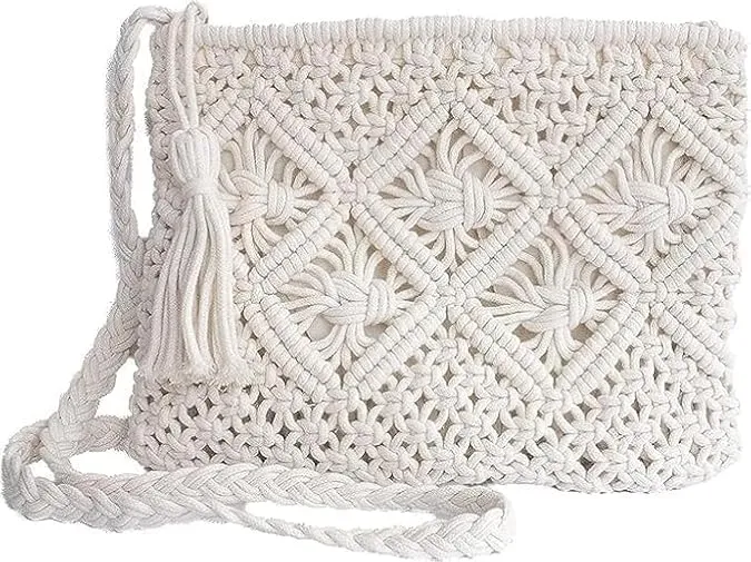 Handmade Macrame Bag - Boho-Chic Cotton Crossbody Tote with Tassels, Eco-Friendly, Stylish Shoulder Bag for Everyday Use Collection, White, M