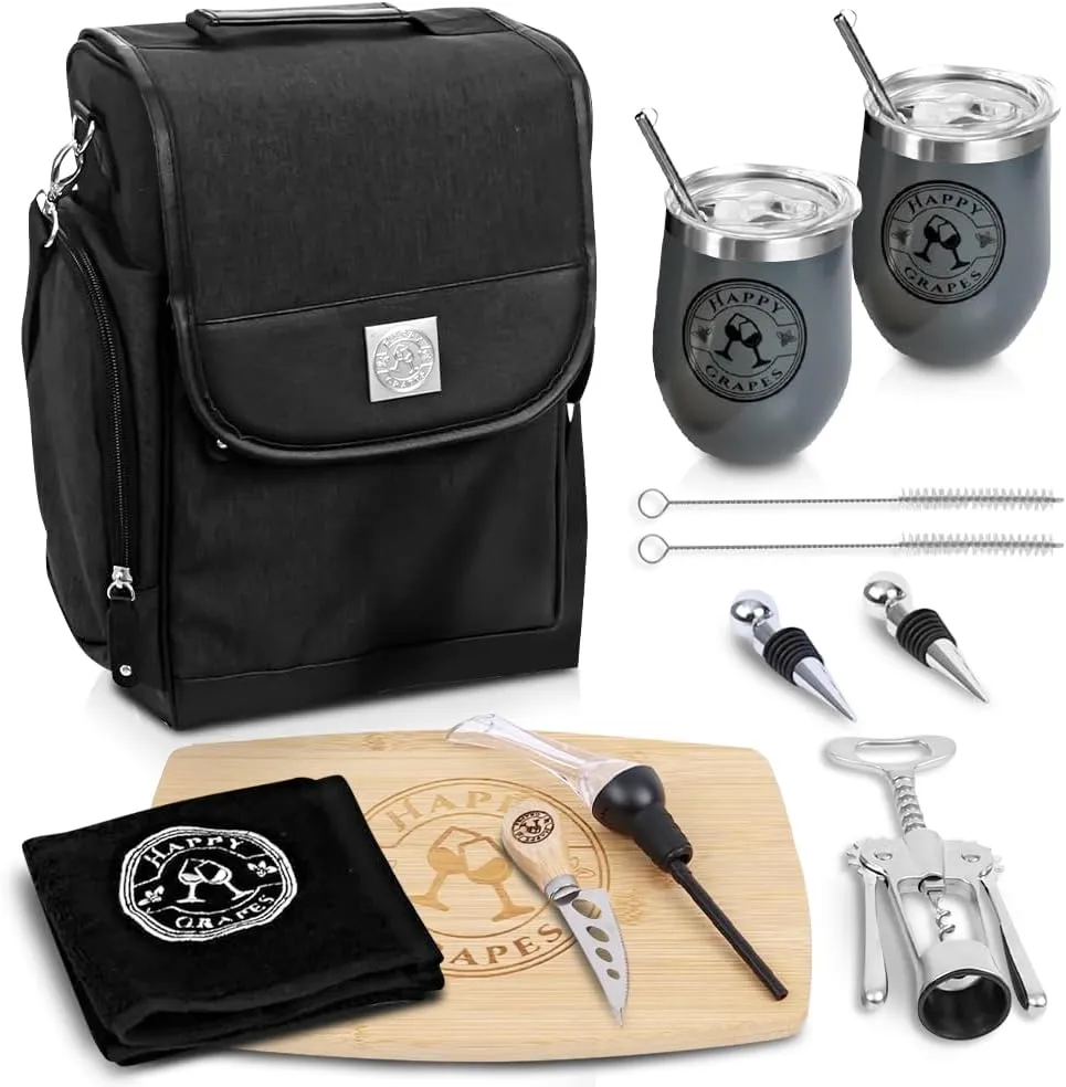 Happy Grapes Wine Tote Bag Set - Insulated Wine Carrier with 2 Stainless Steel Tumblers, Aerator, Charcuterie Board & Knife, Bottle Stoppers, Opener & Wash Cloth - for Picnics Beach Patio Pool Party g