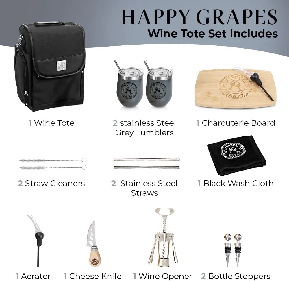 Happy Grapes Wine Tote Bag Set - Insulated Wine Carrier with 2 Stainless Steel Tumblers, Aerator, Charcuterie Board & Knife, Bottle Stoppers, Opener & Wash Cloth - for Picnics Beach Patio Pool Party g