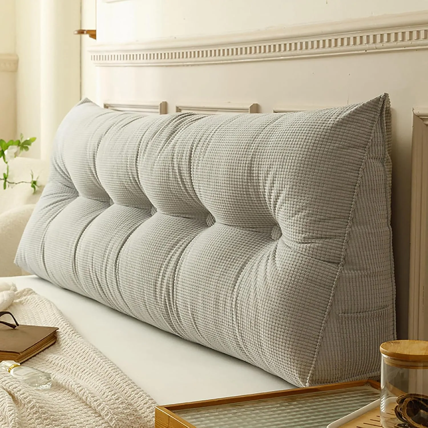 Headboard Wedge Pillow Queen Headboard Pillow Triangular Bed Rest Reading Backrest Body Bolster Cushion Back Support Long Bolster Pillow for Bed Gifts, Light Grey