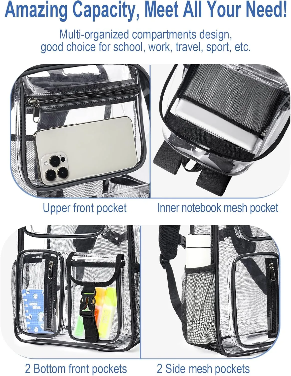 Heavy Duty Clear Backpack For Boys Girls Women Men, 17 Inch Clear Bookbag With Multi-Pockets For Sport Work Travel