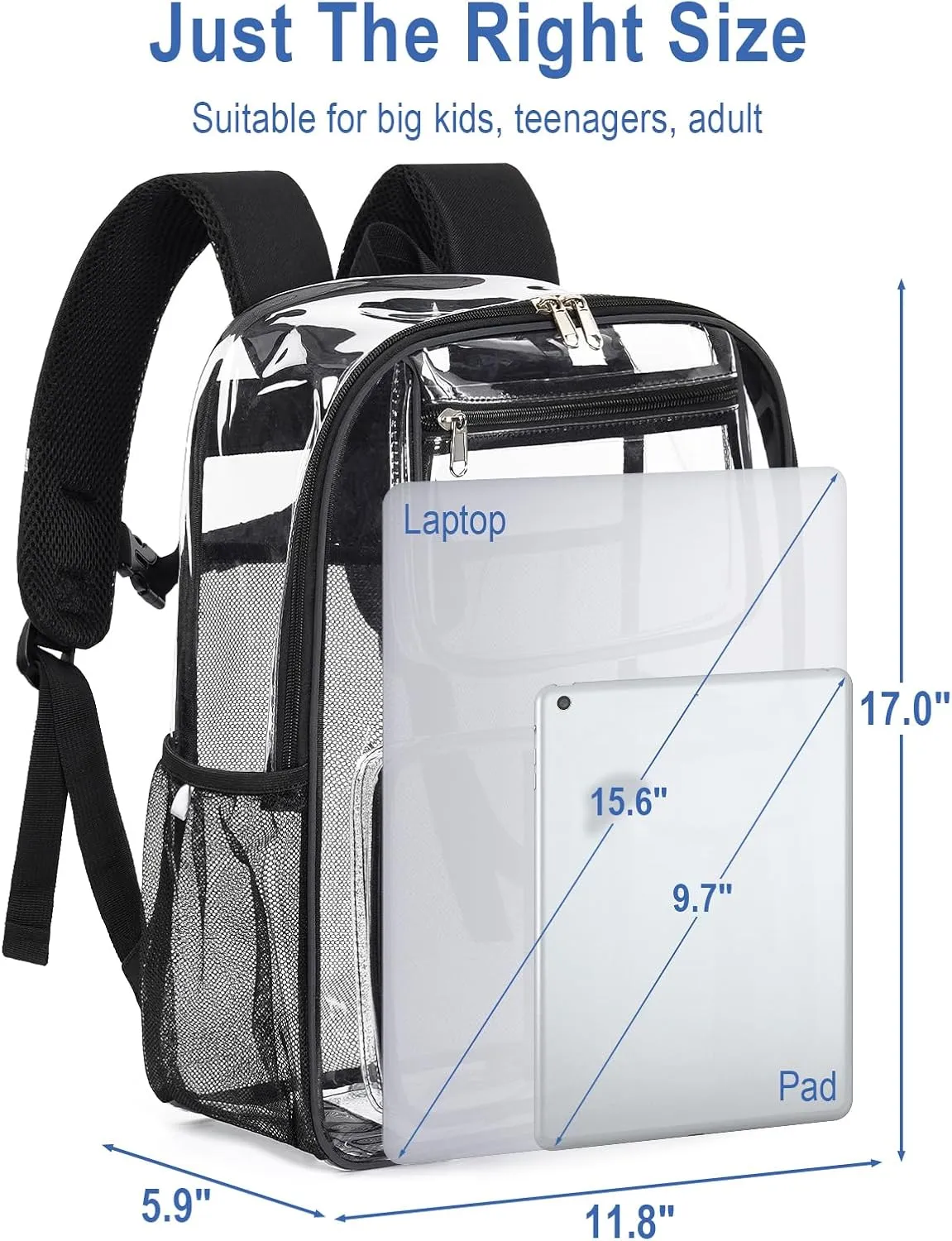 Heavy Duty Clear Backpack For Boys Girls Women Men, 17 Inch Clear Bookbag With Multi-Pockets For Sport Work Travel
