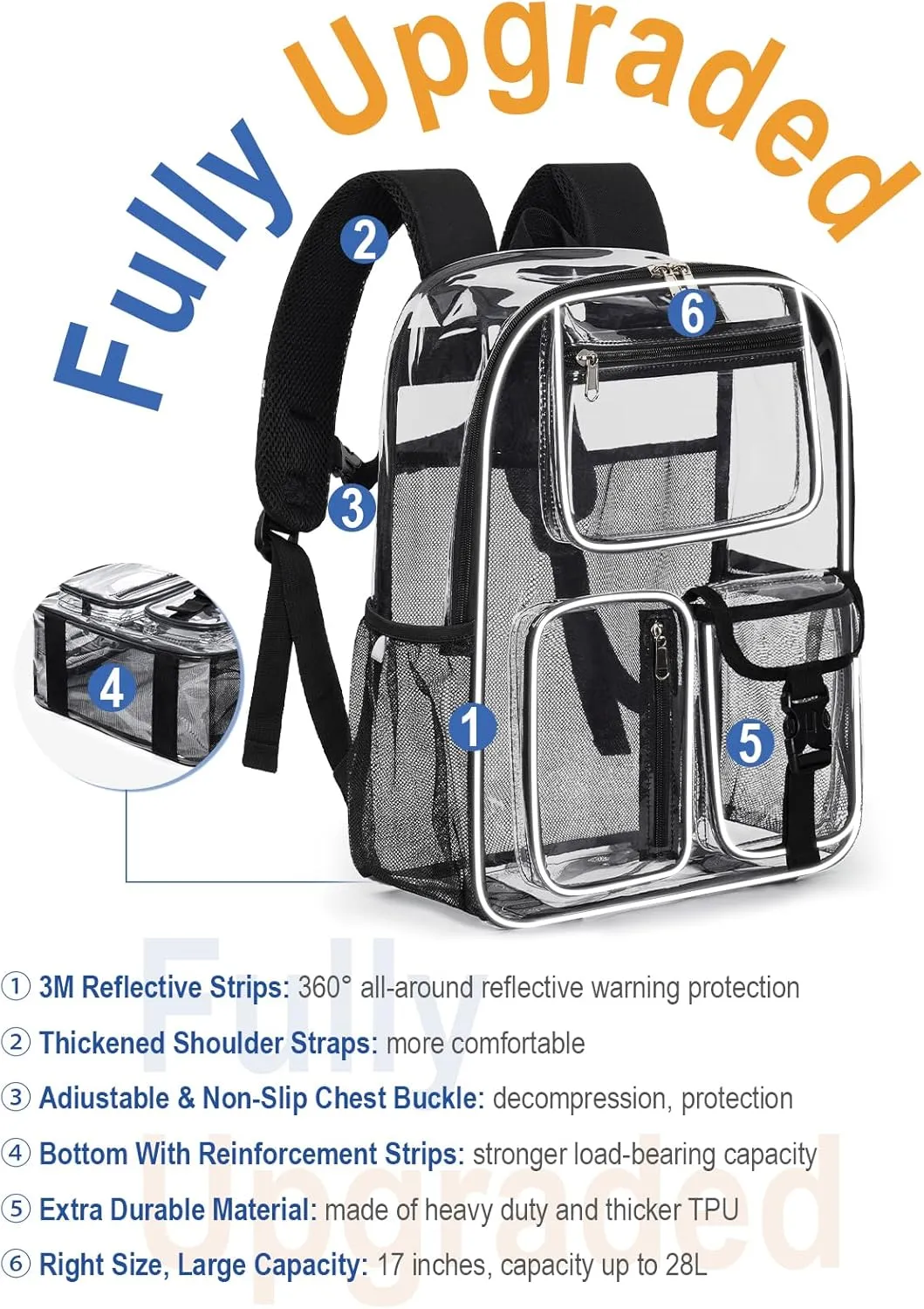 Heavy Duty Clear Backpack For Boys Girls Women Men, 17 Inch Clear Bookbag With Multi-Pockets For Sport Work Travel