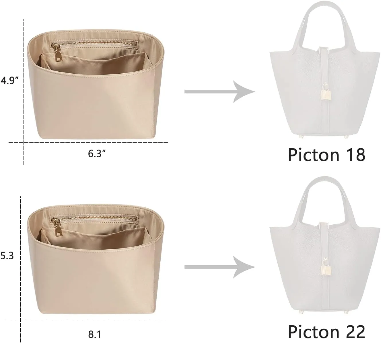 Hermes ZTUJO Picotin 18 Organizer Insert, Luxury Purse Organizer Insert, Silky Smooth, Fits Picotin 22 Bags (Beige)