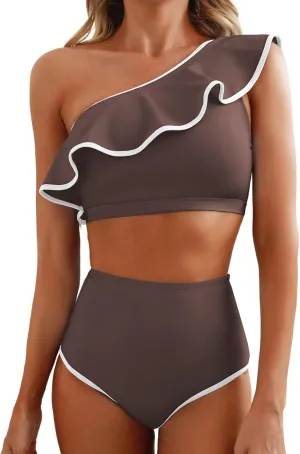 Herseas Women's One Shoulder Bikini Sets Color Block Trim Ruffle Hem Swimsuits Elegant Bathing Suits