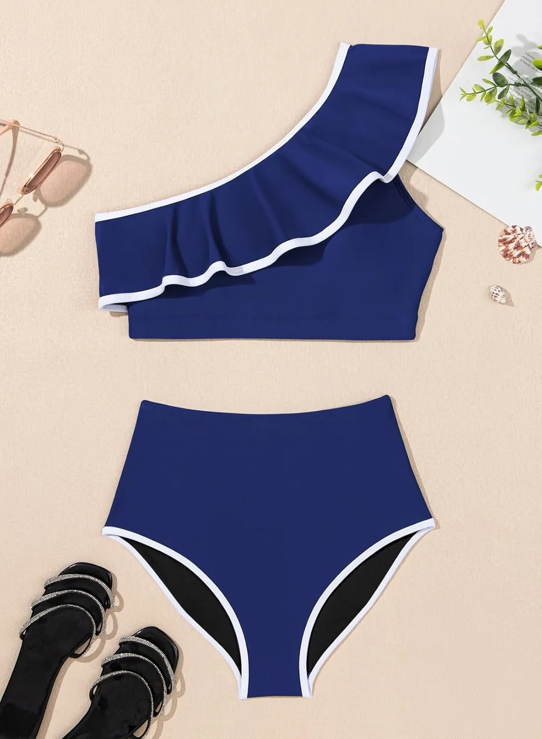 Herseas Women's One Shoulder Bikini Sets Color Block Trim Ruffle Hem Swimsuits Elegant Bathing Suits