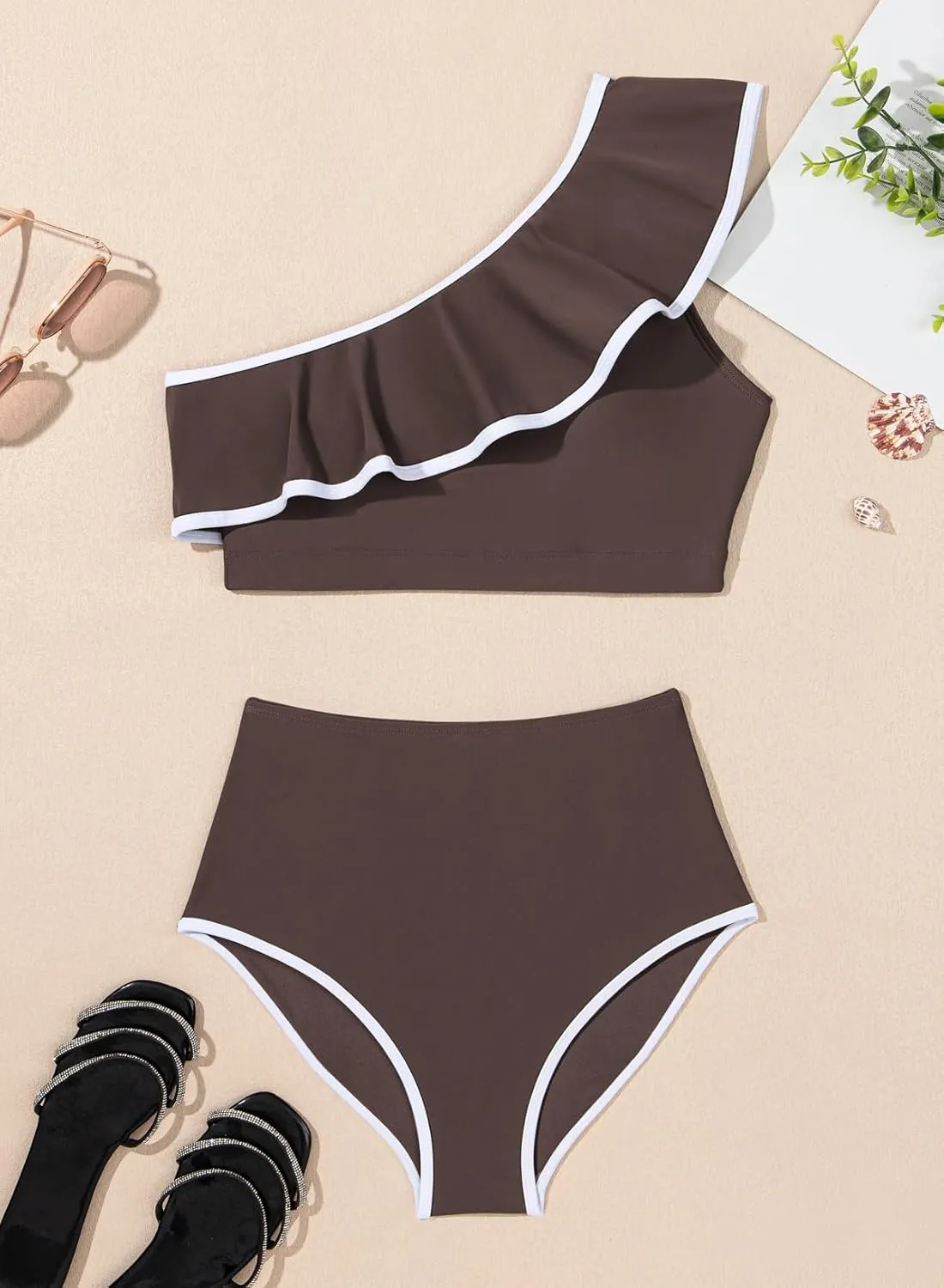 Herseas Women's One Shoulder Bikini Sets Color Block Trim Ruffle Hem Swimsuits Elegant Bathing Suits