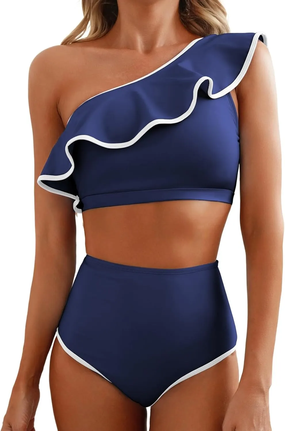 Herseas Women's One Shoulder Bikini Sets Color Block Trim Ruffle Hem Swimsuits Elegant Bathing Suits