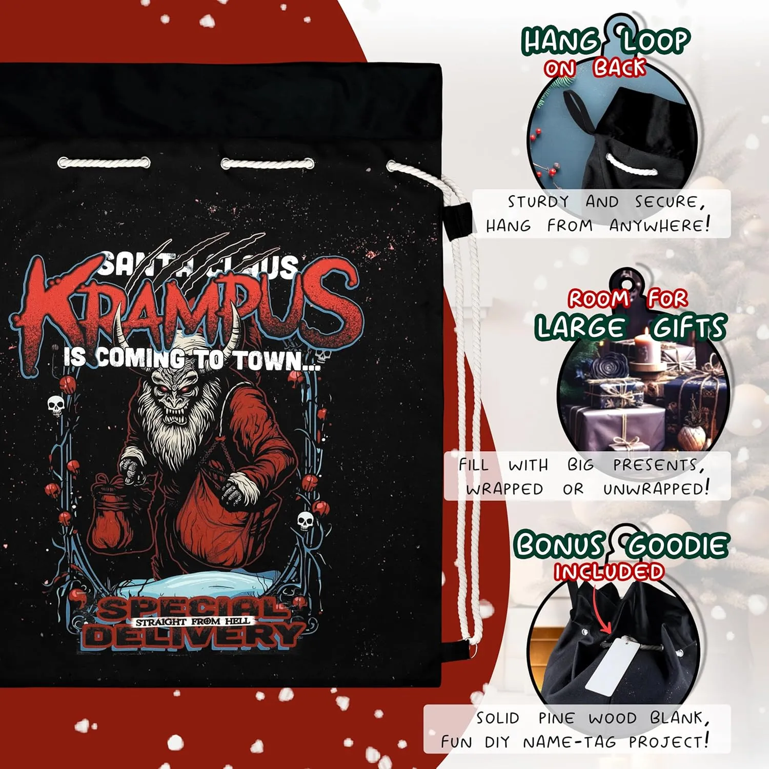 Hexonomy Krampus Santa Sack, 30 x 24 in - Cotton Canvas, Black Velvet Trim - Goth Christmas Bag, Dark Spooky Xmas, Shoulder Pack - Large Size