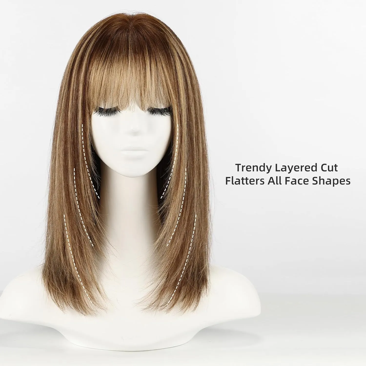 Highlights Brown 16inch Human Hair Wigs for Women Shoulder Length Layered Real Hair Wig with Natural Look and Bangs