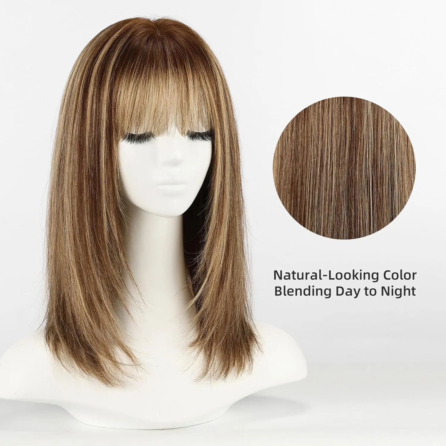 Highlights Brown 16inch Human Hair Wigs for Women Shoulder Length Layered Real Hair Wig with Natural Look and Bangs
