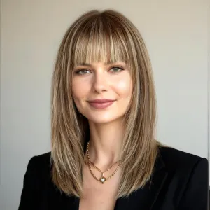Highlights Brown 16inch Human Hair Wigs for Women Shoulder Length Layered Real Hair Wig with Natural Look and Bangs