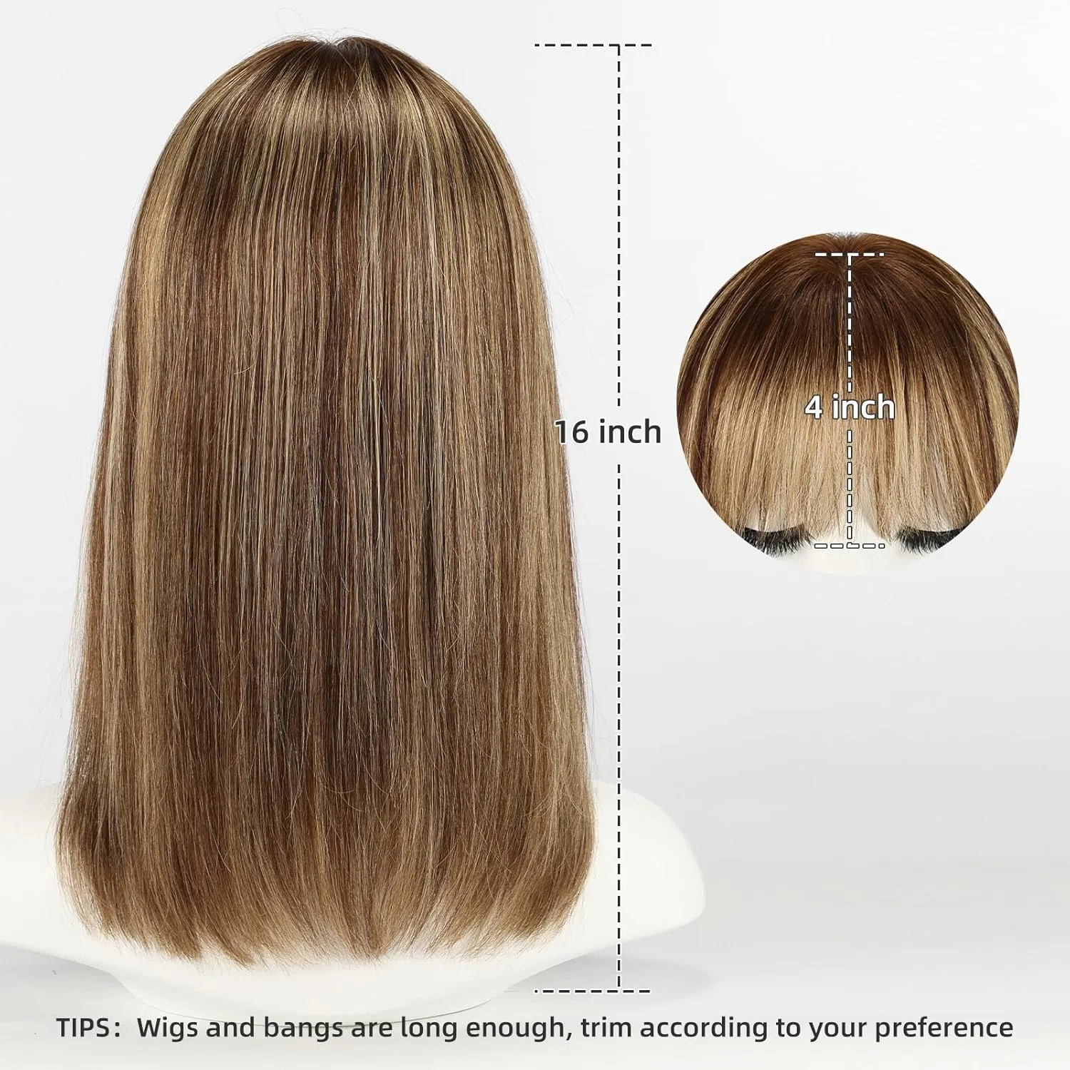 Highlights Brown 16inch Human Hair Wigs for Women Shoulder Length Layered Real Hair Wig with Natural Look and Bangs