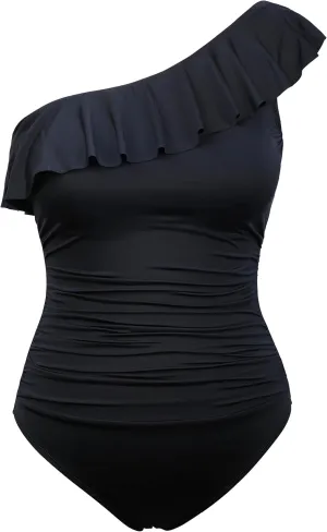 Hilor Women's One Shoulder One Piece Swimsuits Tummy Control Bathing Suits Ruffled Modest Swimwear