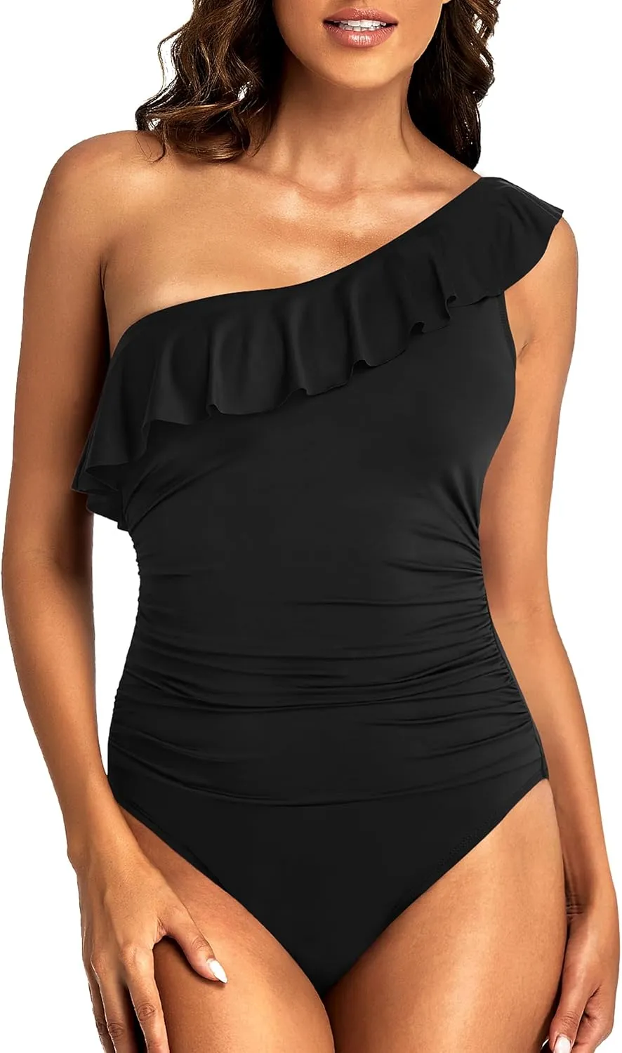 Hilor Women's One Shoulder One Piece Swimsuits Tummy Control Bathing Suits Ruffled Modest Swimwear