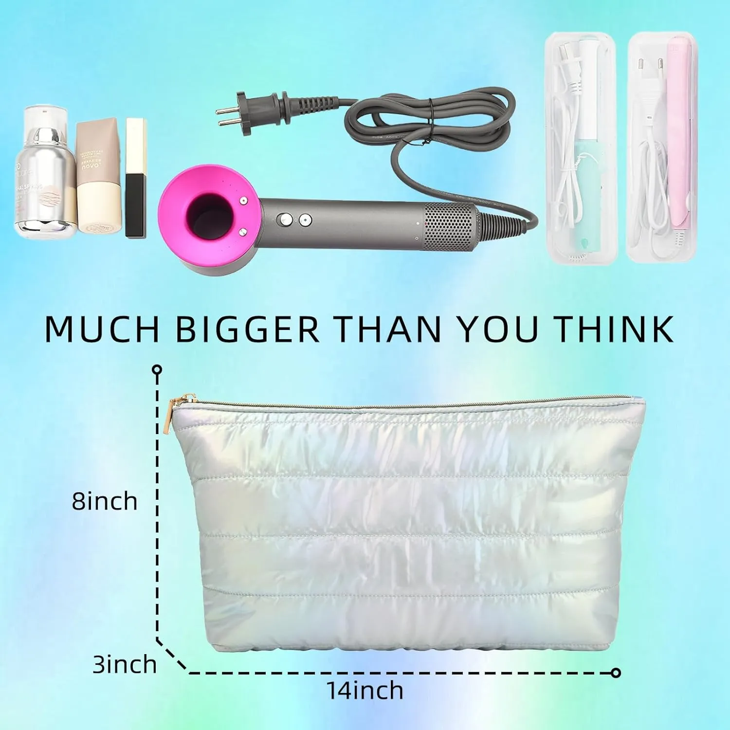 Hiroyuki 3pcs Iridescent Quilted Makeup Bag (plain, cyan)