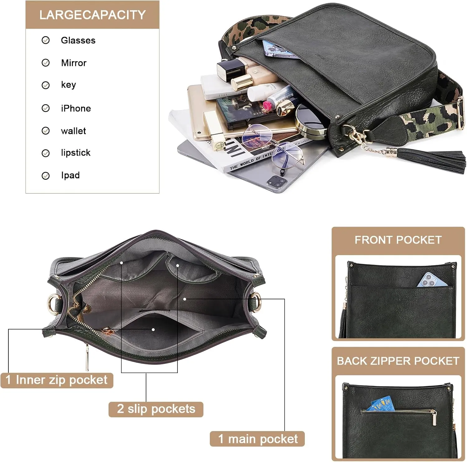HKCLUF Crossbody Bag Purse for Women 2PCS/Set Leather Hobo Handbag Wallet Set With 2Adjustable Guitar Strap Shoulder Bag