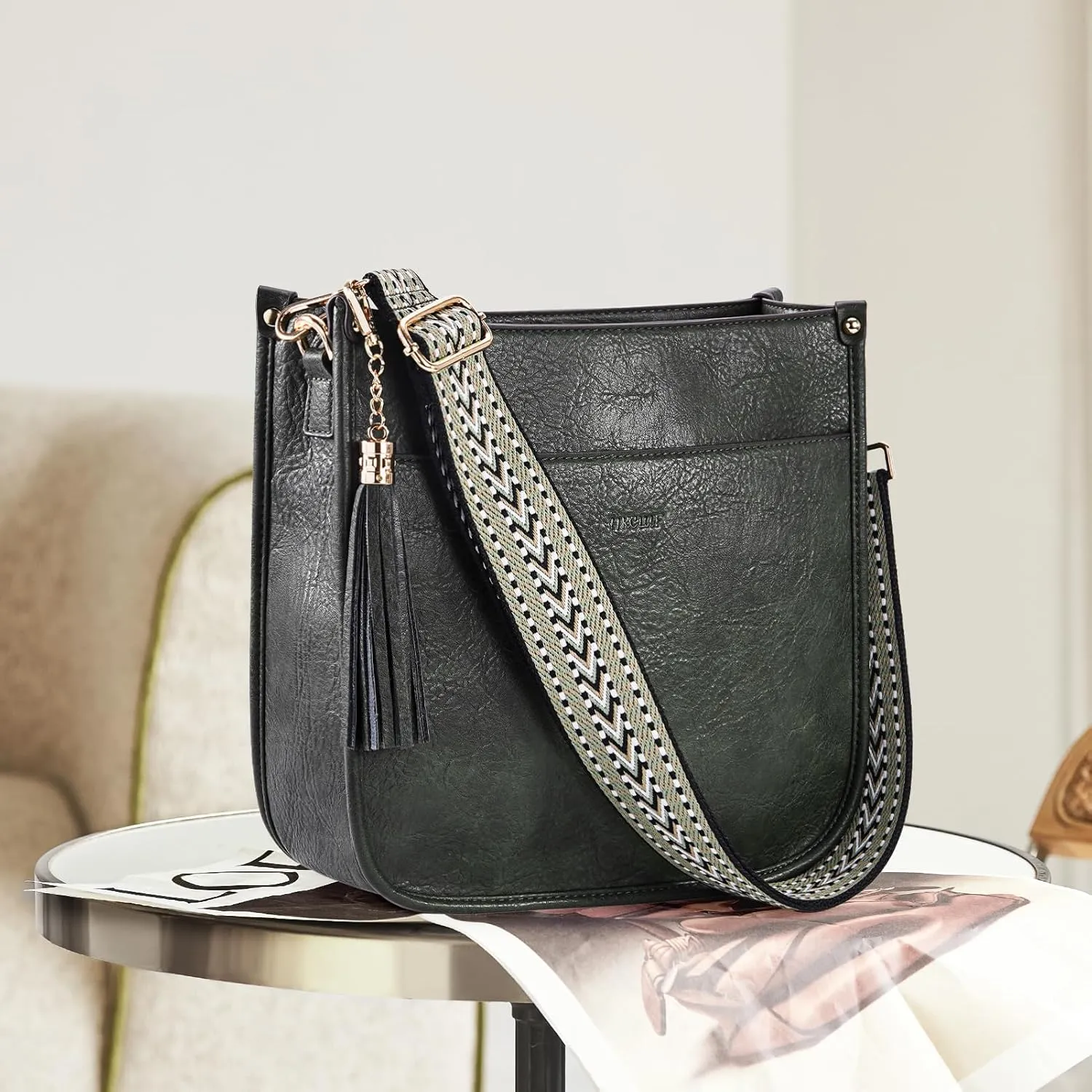 HKCLUF Crossbody Bag Purse for Women 2PCS/Set Leather Hobo Handbag Wallet Set With 2Adjustable Guitar Strap Shoulder Bag