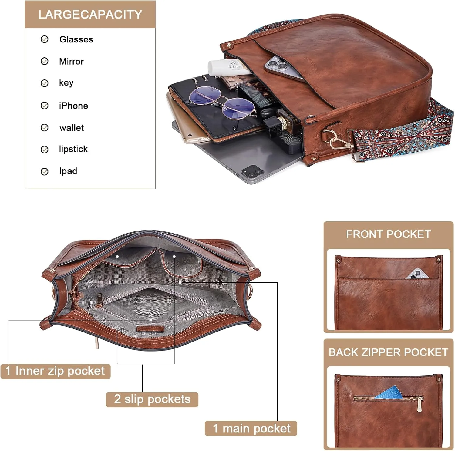 HKCLUF Vegan Leather Crossbody Bags Purse for Women Trendy Tassel Hobo Handbag Women With 2PCS Adjustable Guitar Strap