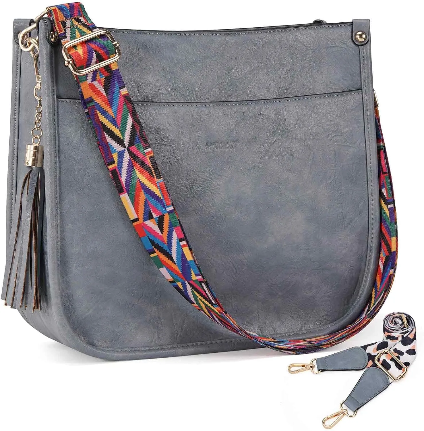 HKCLUF Vegan Leather Crossbody Bags Purse for Women Trendy Tassel Hobo Handbag Women With 2PCS Adjustable Guitar Strap
