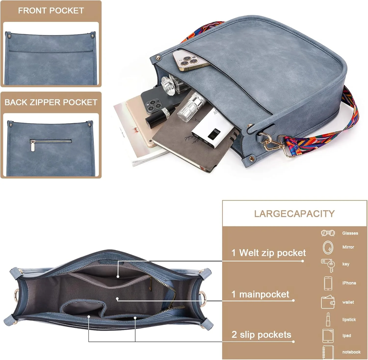HKCLUF Vegan Leather Crossbody Bags Purse for Women Trendy Tassel Hobo Handbag Women With 2PCS Adjustable Guitar Strap